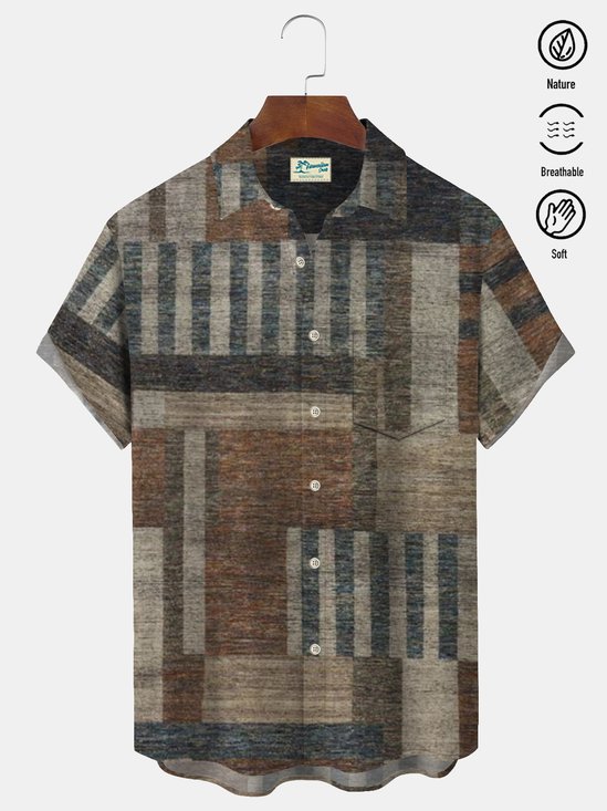 Royaura Vintage Art Geometric Brown Men's Casual Shirts Stretch Plus Size Button Down Aloha Camp Pocket Shirts