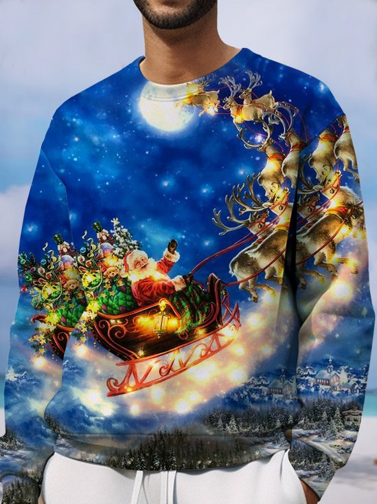 Royaura Men's Christmas Santa Claus Ski Print Crew Neck Sweatshirt