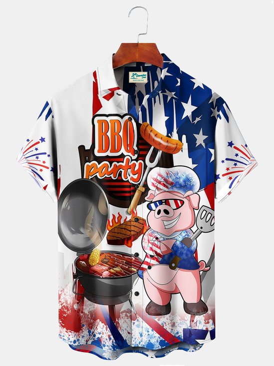 Royaura BBQ Party Blue Men's Hawaiian Shirts Cartoon Pig American Flag Fireworks Stretch Plus Size Aloha Camp Pocket Shirts