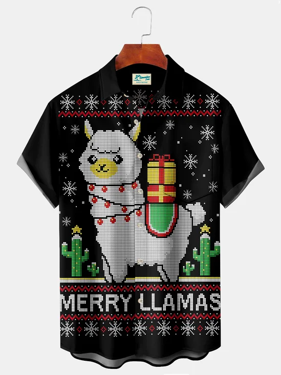 Royaura Christmas Men's Shirt Alpaca Cartoon Stretch Aloha Fun Casual Camp Pocket Button-Down Shirts