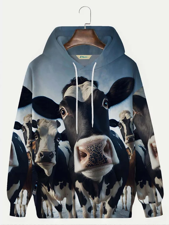 Royaura Holiday Casual Cow Blue Men's Drawstring Hoodies Stretch Oversized Fun Art Pullover Sweatshirts