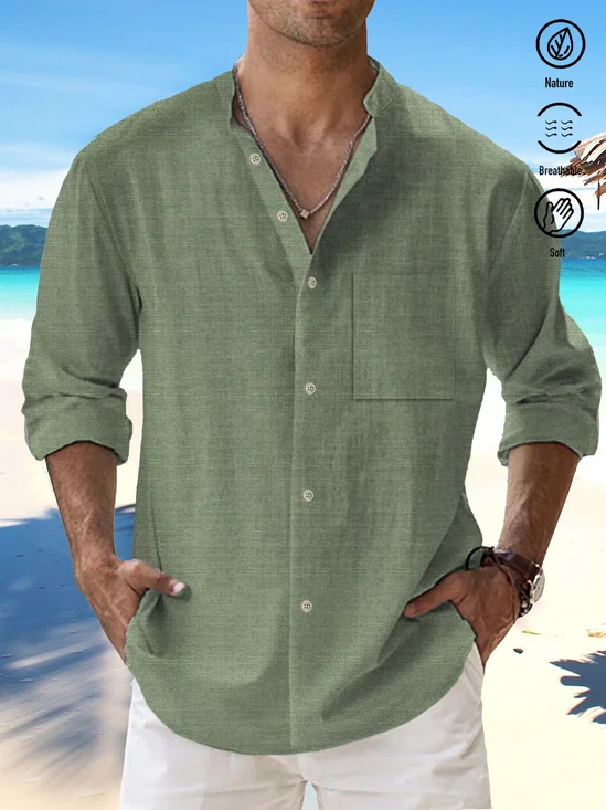 Royaura Beach Vacation Green Men's Casual Stand Collar Shirts Soft & Breathable Long Sleeve Shirts