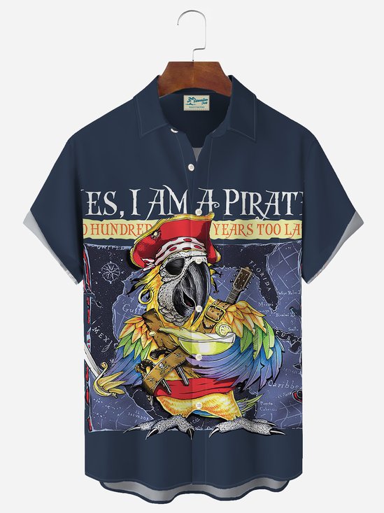 Royaura Vintage Parrot Pirate Print Men's Button Pocket Shirt