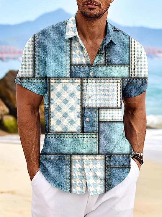 Royaura Printed Beach Patchwork Men's Hawaiian Oversized Pocket Shirt