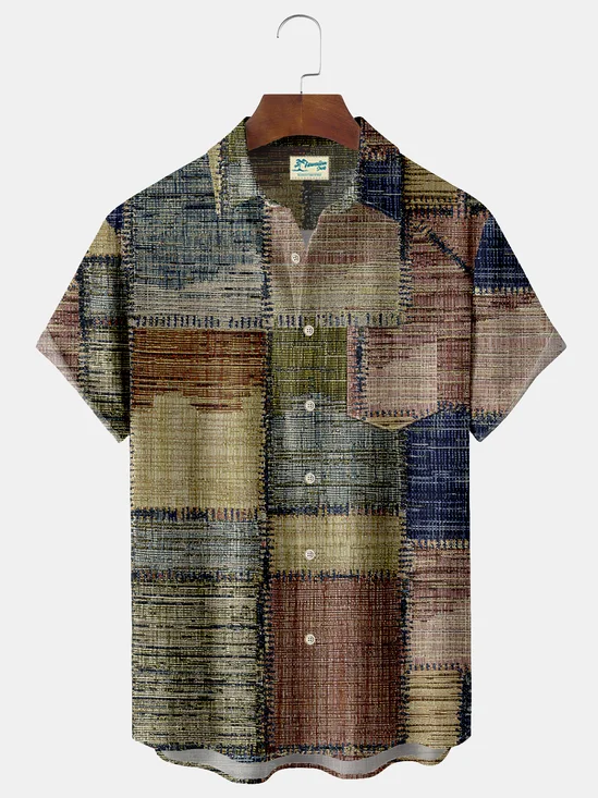 Royaura Geometric Patchwork Print Beach Men's Hawaiian Oversized Shirt with Pockets