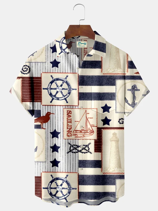 Royaura Nautical Patchwork Print Beach Men's Hawaiian Oversized Shirt with Pockets