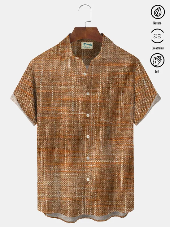 Royaura Brown Textured Print Men's Button Pocket Short Sleeve Shirt