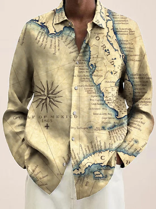 Royaura 50's Vintage Nautical Map Men's Long Sleeve Shirts Stretch Oversized Aloha Camp Button Shirts