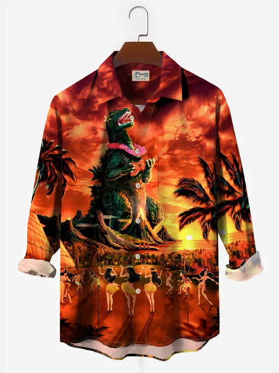 Royaura Hawaiian Monster Tiki Print Men's Button Pocket Long Sleeve Shirt