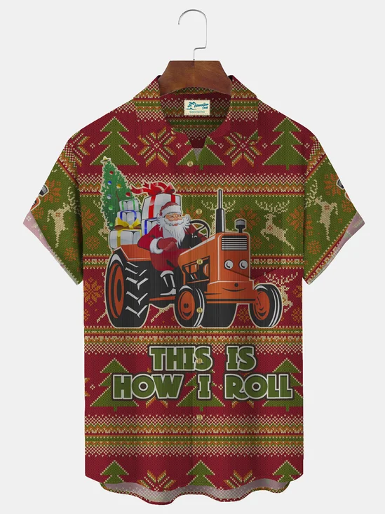 Royaura Christmas Holiday Red Men's Casual Shirts Santa Truck Textured Print Stretch Plus Size Aloha Camp Pocket Button-Down Shirts