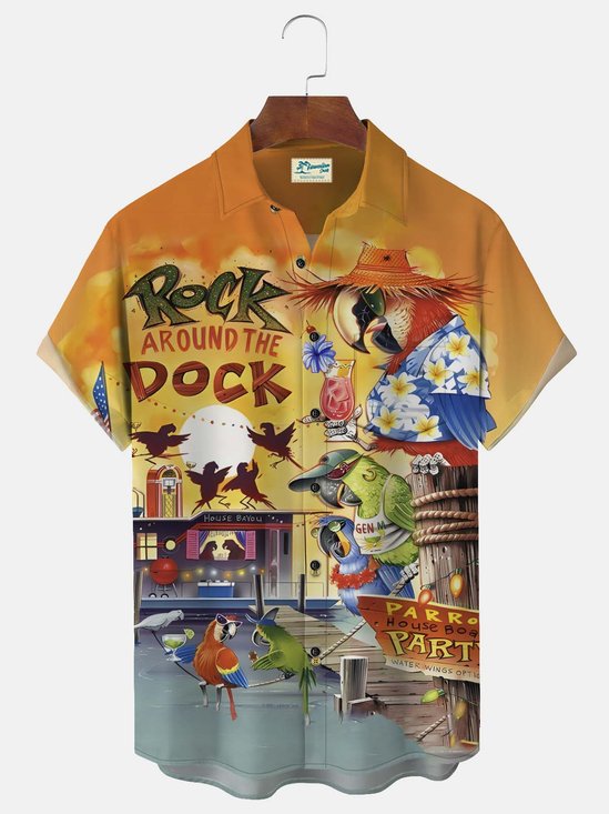 Royaura Beach Holiday Orange Men's Hawaiian Shirts Five O'Clock Parrot Cartoon Stretch Plus Size Aloha Camp Pocket Shirts