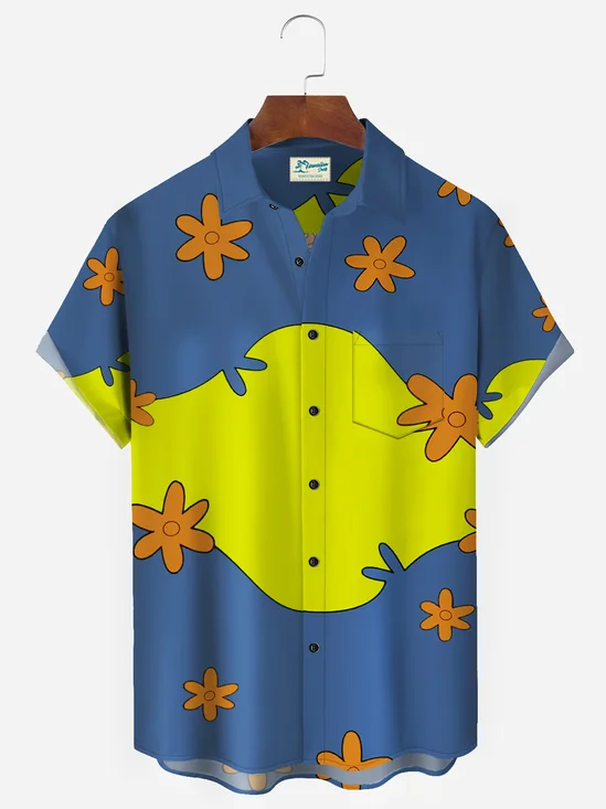 Royaura 50’s Retro Cartoon Casual Blue Men's Hawaiian Shirts Fun Floral Art Stretch Plus Size Aloha Pocket Camp Shirts