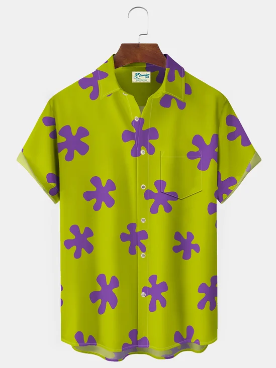 Royaura 50’s Retro Cartoon Green Men's Hawaiian Shirts Stretch Oversized Aloha Button Camp Shirts