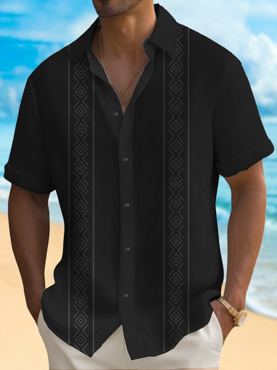 Men's Casual Cotton Linen Basics Geometric Short Sleeve Shirt Printed Short Sleeve Shirt