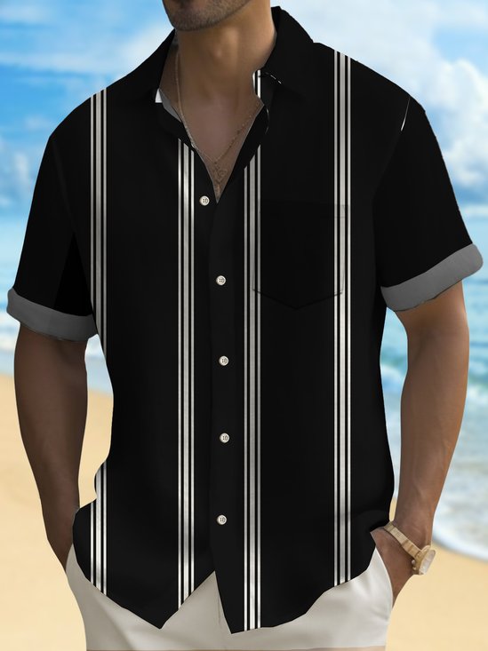 Royaura Retro Striped Bowling Print Men's Button Pocket Short Sleeve Shirt