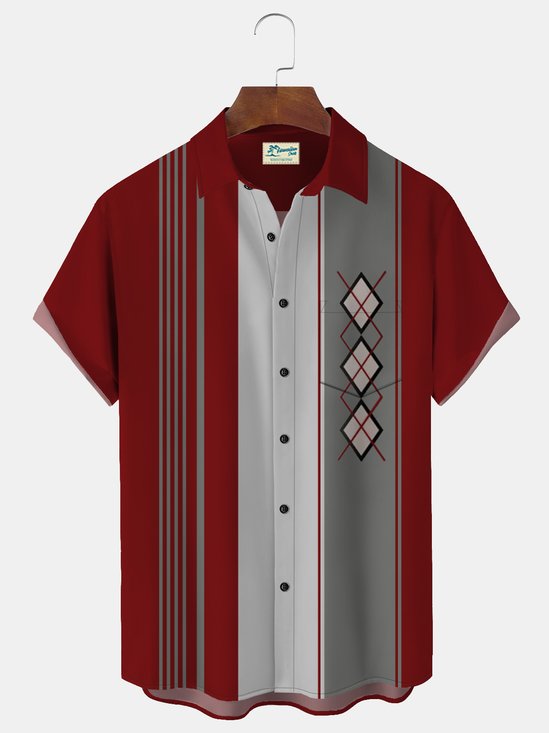 Royaura 50's Retro Mid-Century Geometric Men's Bowling Shirts Stretch Plus Size Aloha Camp Pocket Shirts
