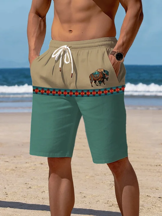 Royaura Vintage Geometric Aztec Print Men's Drawstring Beach Shorts Lounge Shorts