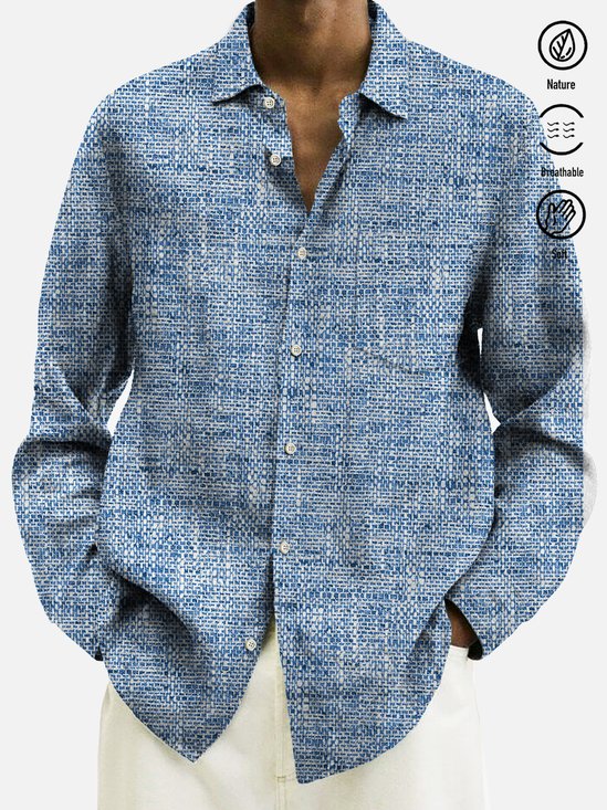 Royaura 50’s Textured Art Blue Men's Long Sleeve Shirt Stretch Plus Size Breathable Comfortable Pocket Button-Down Shirts
