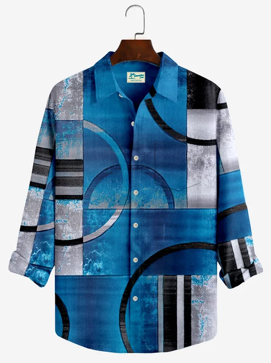 Royaura Contrast Color Geometric Men's Outdoor Camping Daily Oversize Button Pocket Long Sleeve Shirt