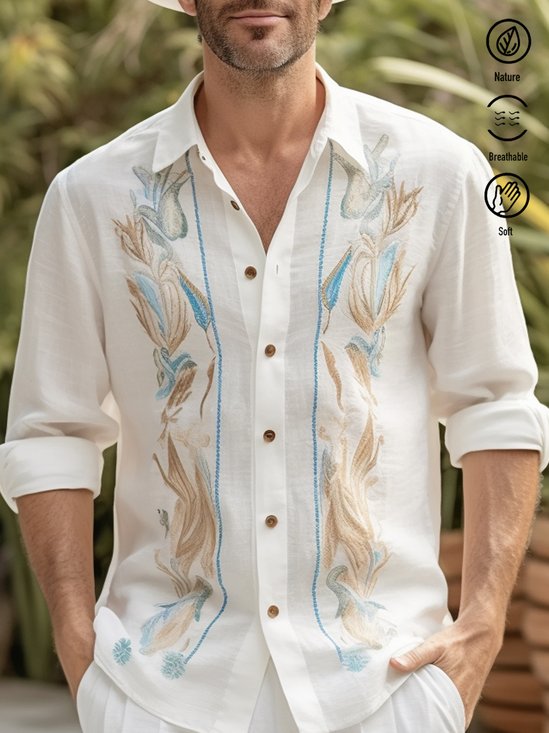 Royaura Vintage White Guayabera Men's Shirt Floral Art Breathable Comfort Camp Button-Down Shirts