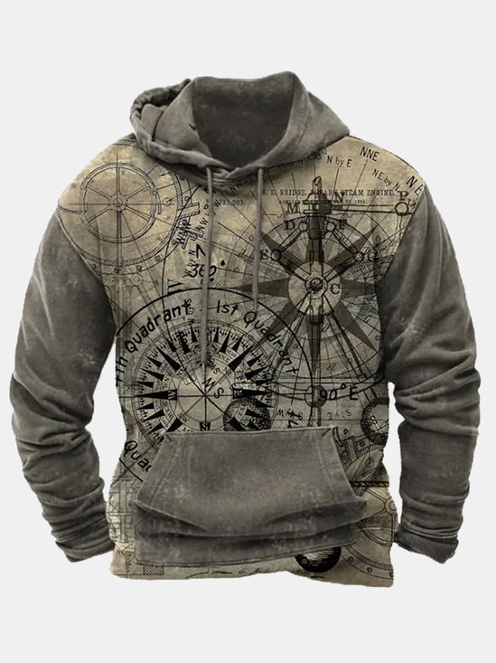 Royaura Vintage Nautical Compass Western Men's Drawstring Hoodies Stretch Plus Size Camp Pullover Sweatshirts