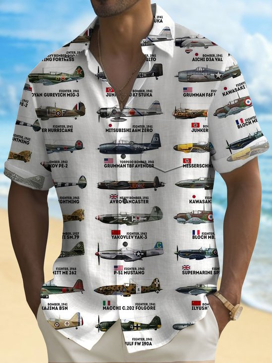 Royaura Retro War Plane Cartoon White Men's Hawaiian Shirts Stretch Plus Size Aloha Pocket Button-Down Shirts