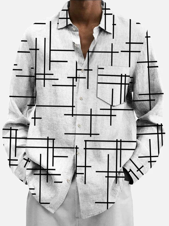 Royaura 50's Retro Mid-Century Geometric White Men's Art Shirts Stretch Plus Size Aloha Camp Pocket Button-Down Shirts