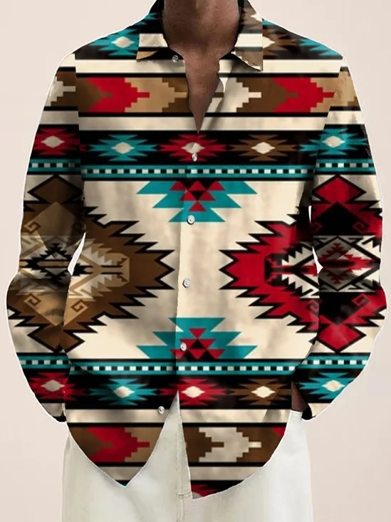 Royaura Vintage Aztec Khaki Men's Casual Long Sleeve Shirts Stretch Plus Size Aloha Camp Pocket Shirts