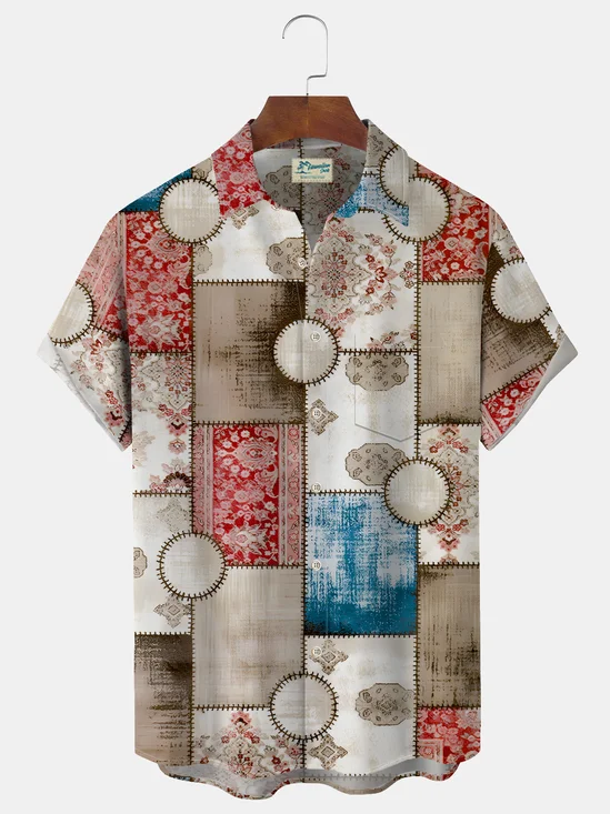 Royaura Vintage Geometric Print Men's Button Pocket Shirt