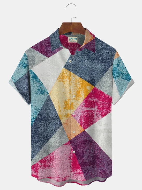 Royaura Men's Geometric Color Block Print Button Pocket Shirt