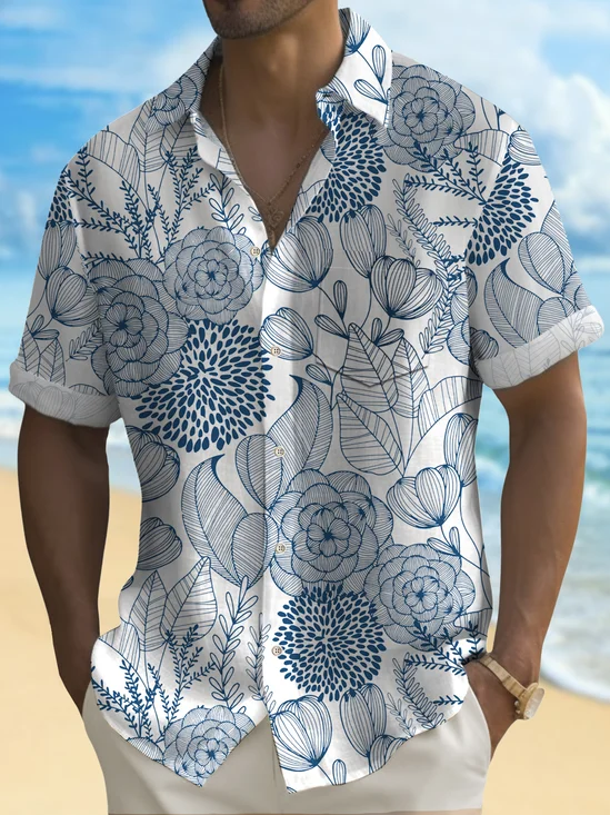 Royaura Hawaiian Leaf Print Men's Button Pocket Shirt