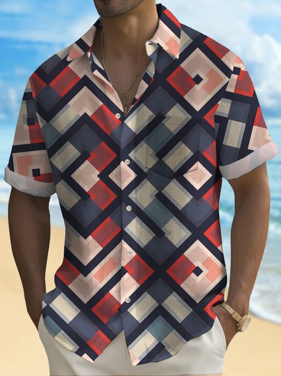Royaura Geometric Contrast Men's Hawaiian Shirt Stretch Plus Size Aloha Camp Pocket Button-Down Shirt