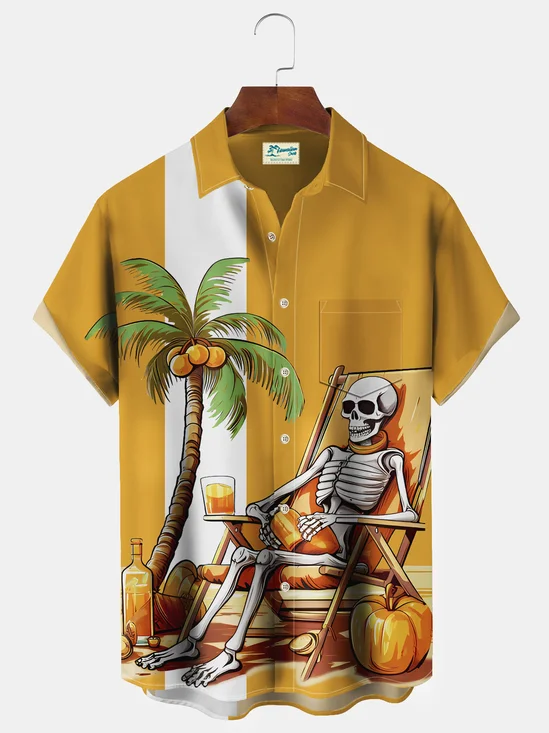 Royaura Men's Halloween Skull Coconut Tree Print Button Pocket Shirt