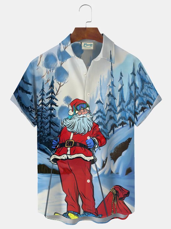 Royaura Men's Christmas Ski Print Button Pocket Shirt