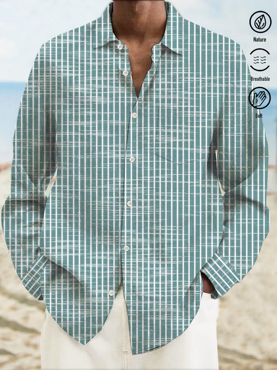 Royaura Striped Textured Print Men's Button Pocket Stand Collar Shirt