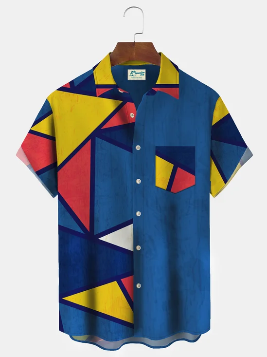 Royaura Geometric Color Block Contrast Men's Button Pocket Shirt