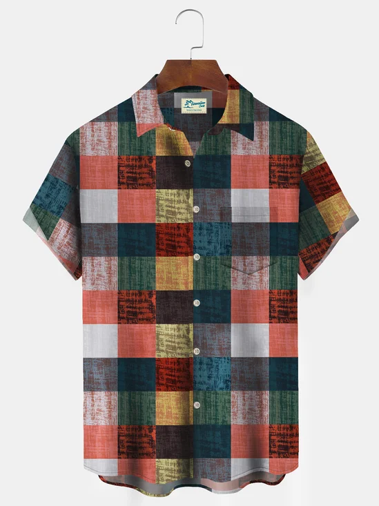 Royaura Geometric Plaid Men's Button Pocket Shirt