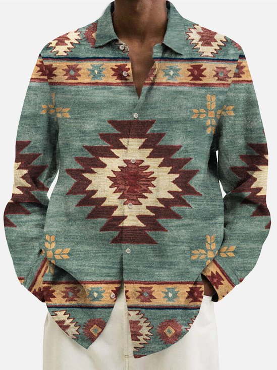 Royaura Vintage Aztec Geometric Art Men's Casual Long Sleeve Shirt Warm Ethnic Totem Plus Size Camp Pocket Shirts