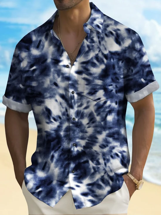 Royaura 50’s Psychedelic Blue Men's Tie Dye Shirts Stretch Plus Size Aloha Camp Pocket Shirts