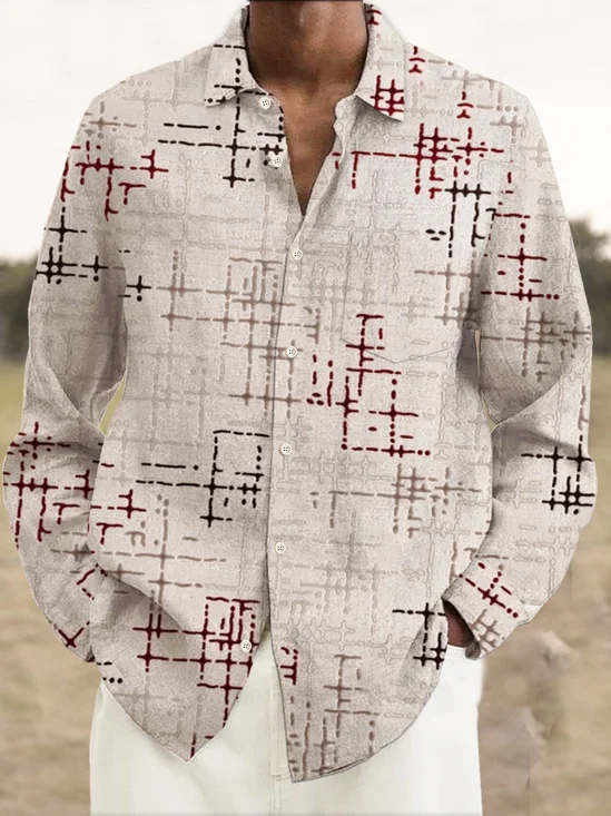Royaura Men's Retro Geometric Print Button Pocket Long Sleeve Shirt