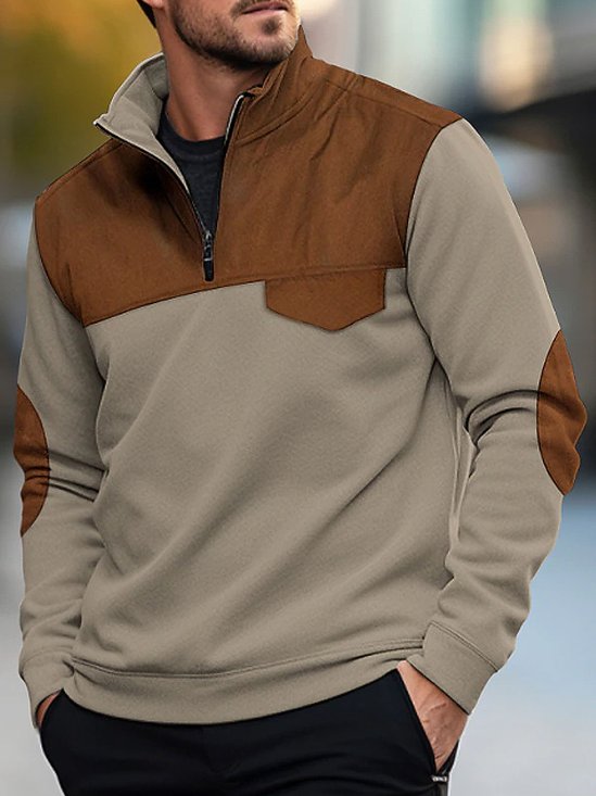 Royaura Men's Contrast Color Zip Stand Collar Sweatshirt