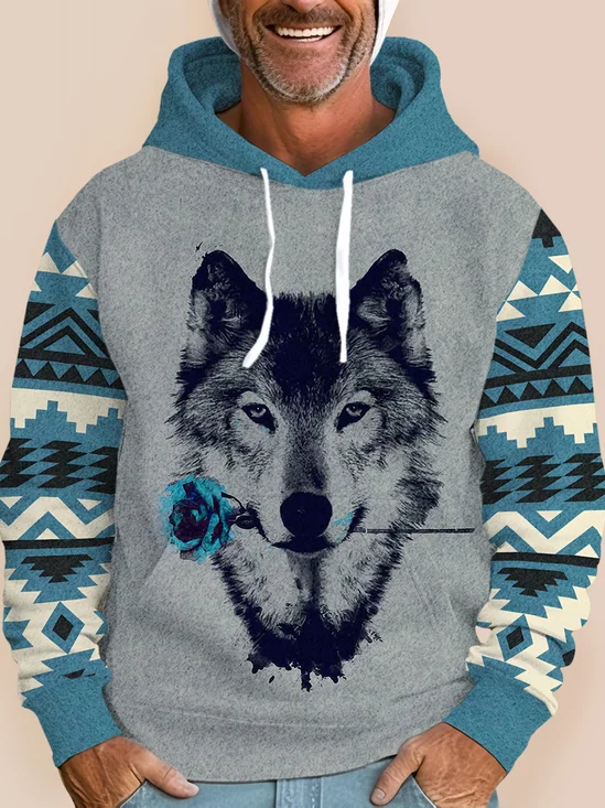 Royaura Men's Geometric Wolf Rose Print Drawstring Hooded Sweatshirt