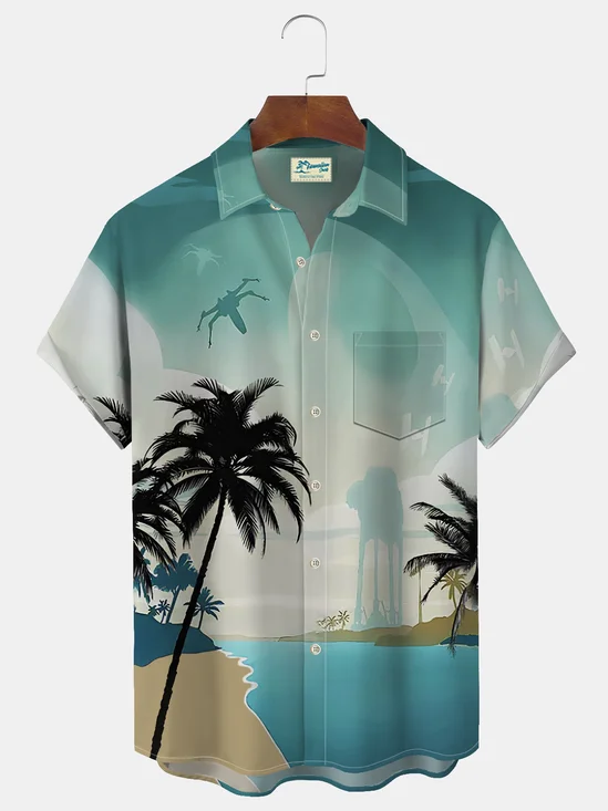 Royaura Hawaiian Coconut Tree Print Men's Button Pocket Shirt
