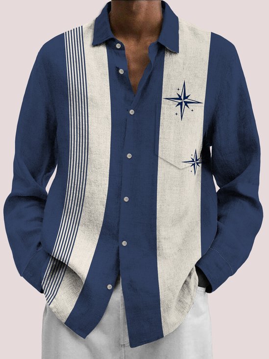 Royaura Men's Geometric Contrast Bowling Print Button Pocket Long Sleeve Shirt