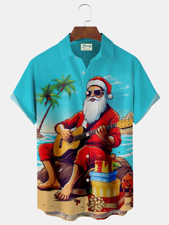 Royaura Christmas Santa Guitar Print Men's Button Pocket Shirt