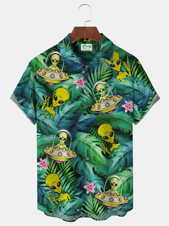 Royaura Beach Vacation Green Men's Hawaiian Shirt Stretch Plus Size  Pocket Aloha Alien Camp Shirts