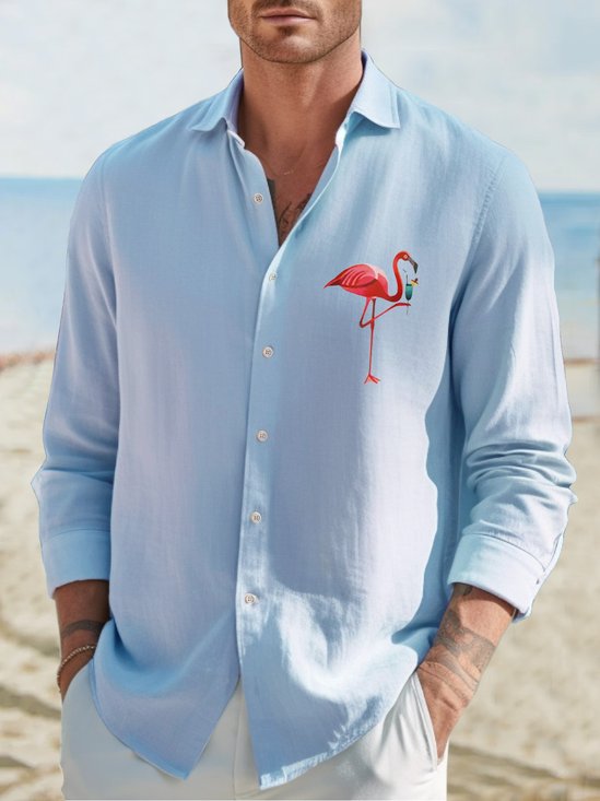 Royaura Men's Hawaiian Flamingo Print Button-Down Long Sleeve Shirt