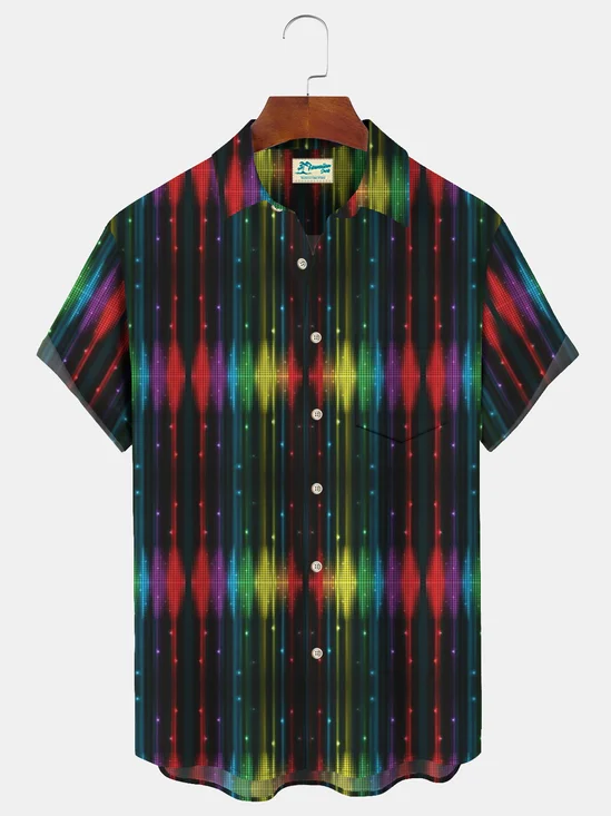 Royaura Neon Stripe Resort Men's Hawaiian Shirt Stretch Garment Aloha Camp Pocket Shirt