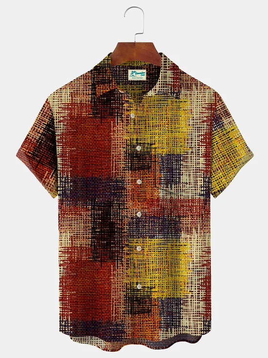 Royaura Geometric Art Texture Men's Casual Long Sleeve Shirt Stretch Plus Size Camp Button-Down Shirt