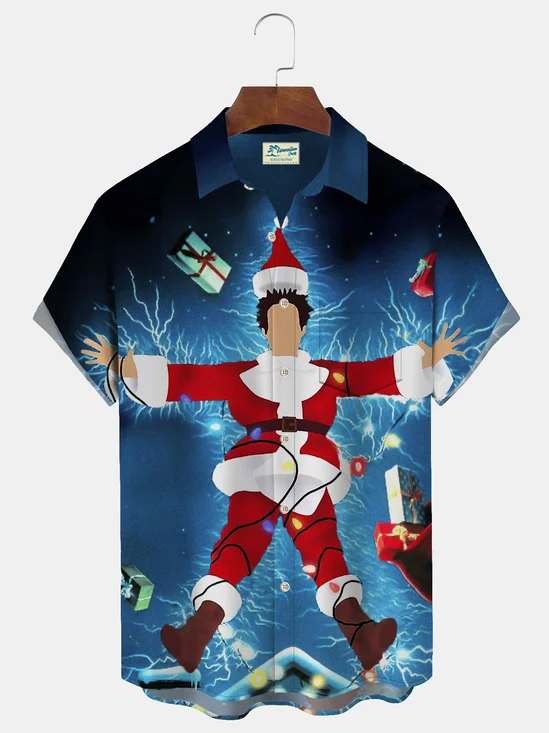 Royaura Men's Christmas Movie Print Button Pocket Shirt